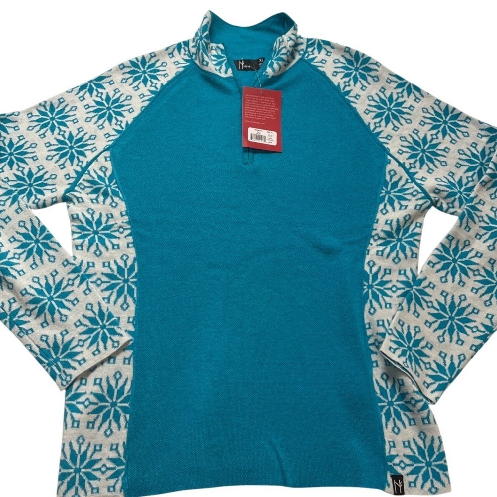 Neve Designs Ali 1/4 Zip Sweater Womens XL Capri Blue Snowflake Mock Neck NWT